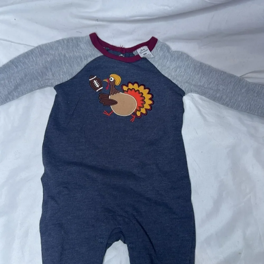 Baby Essentials Gray and Blue Kids One Piece with Turkey Design. Size 9 Months.